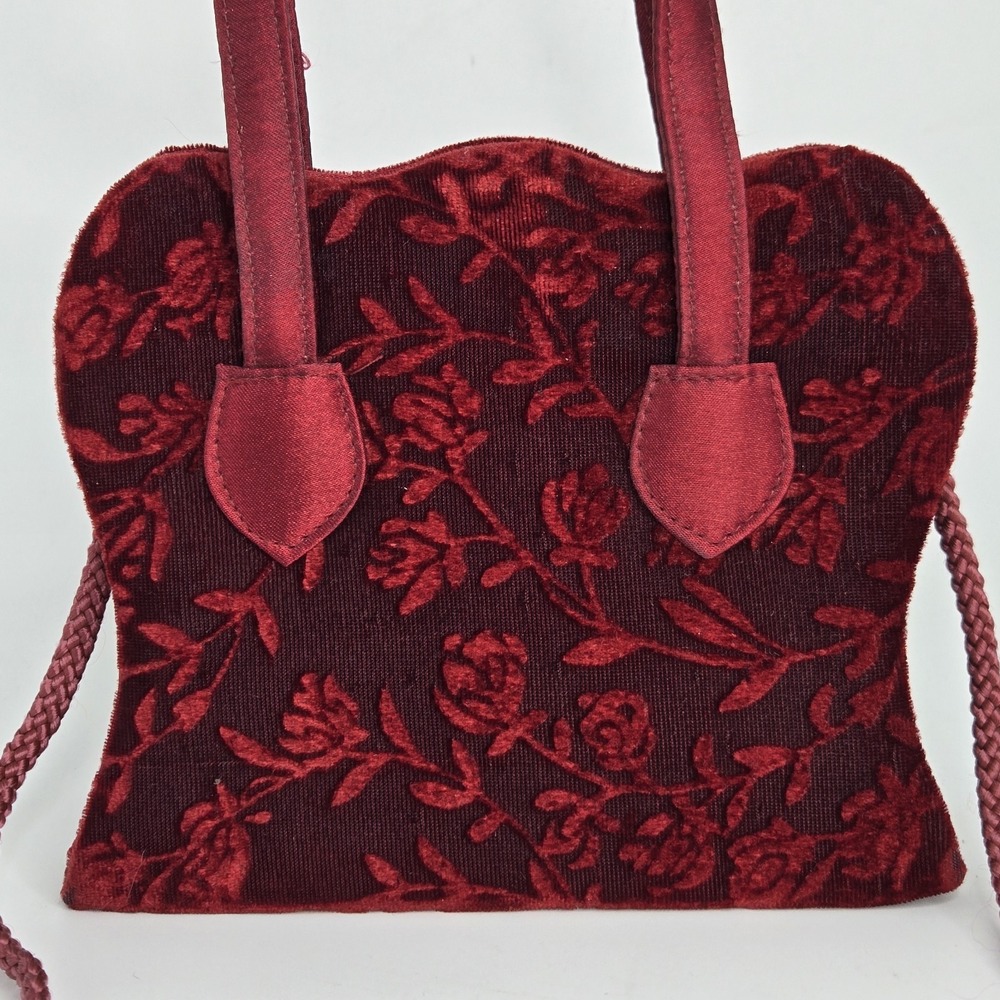 Vintage Burgundy Rose Velvet Handbag Devore Floral Evening Bag Romantic Coquette